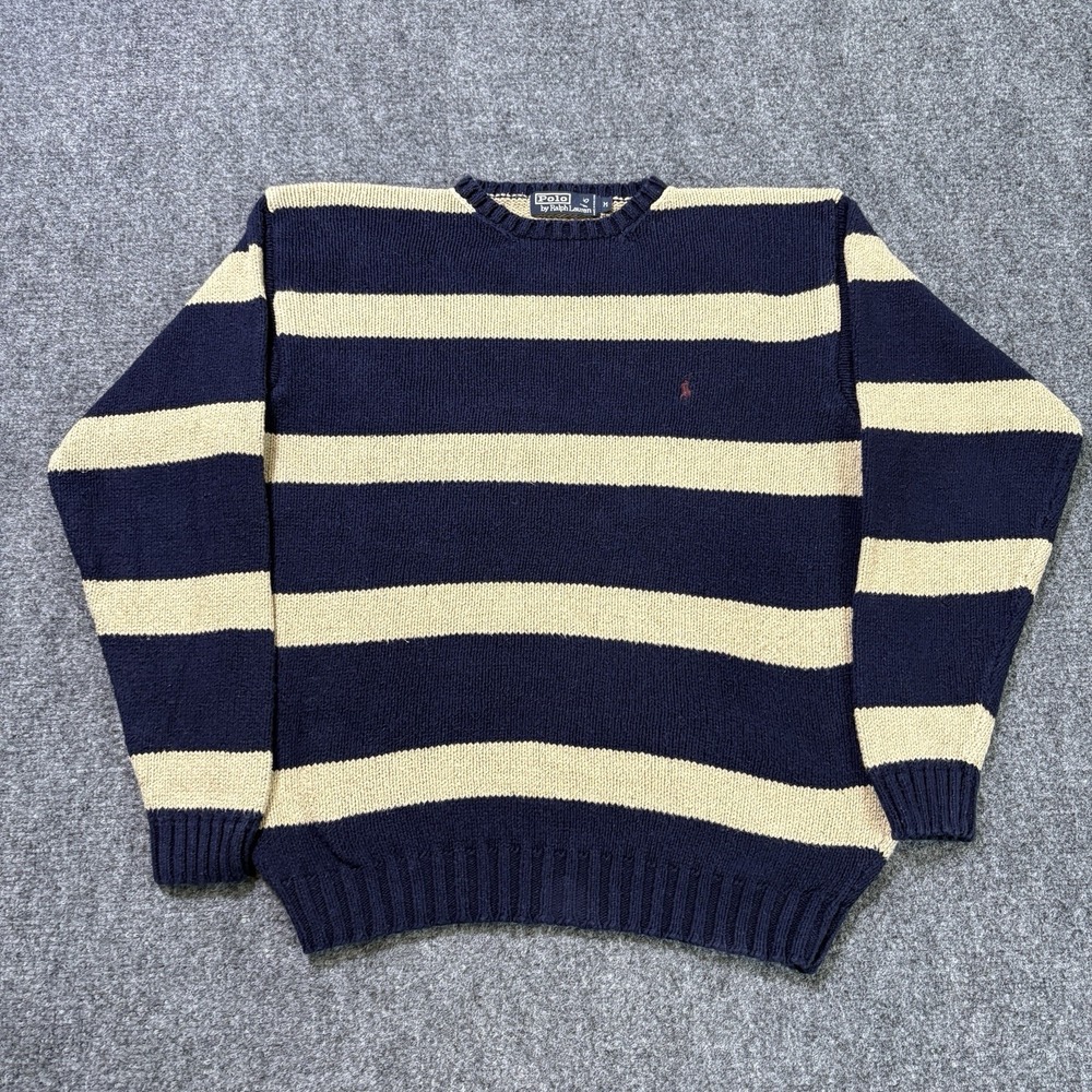 Vintage Polo Ralph Lauren Striped Knit Sweater Mens Medium Navy Beige Pony